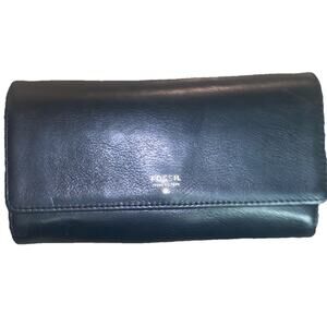 Fossil Black Leather Wallet Zip Compartment Brass Pebbled Issue NO. 1954